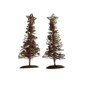 9"Pair Of Gold Wire Christmas Tree Decor With Star Toppers & Beaded Ornaments #T
